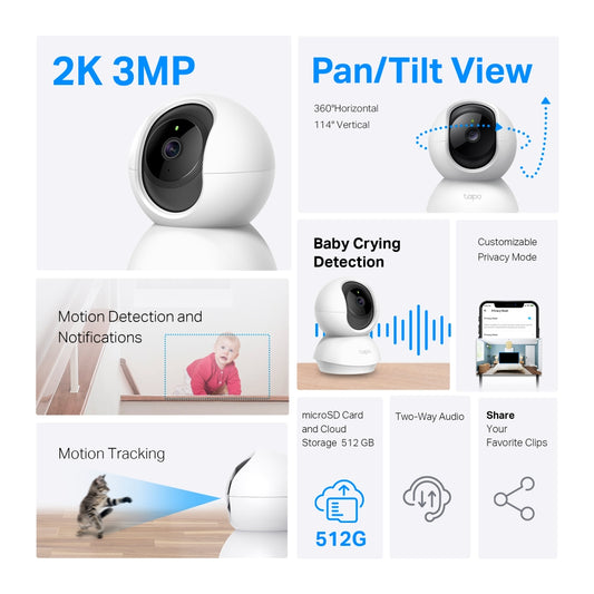 TP-Link Tapo TC71 3MP 2K QHD Pan/Tilt Home Security Wi-Fi Camera - White