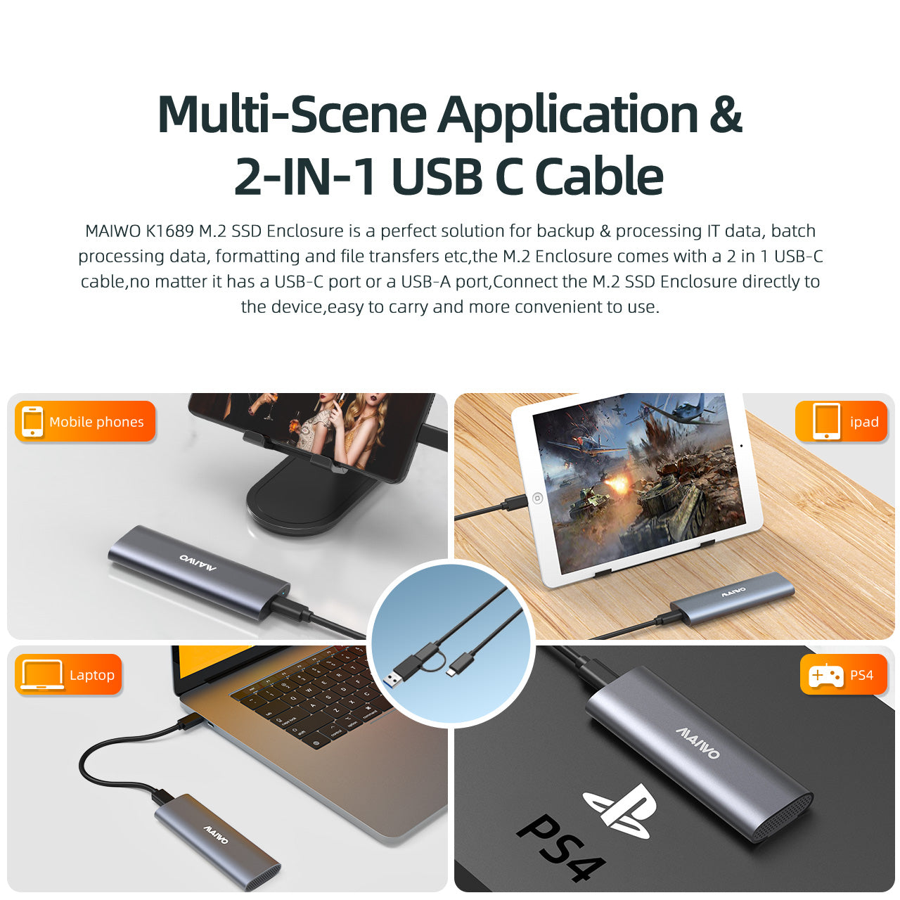 MAIWO K1689 USB Tool-Free M.2 SATA & NVMe SSD Enclosure - Blue