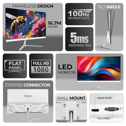 Foxin Elite Series 22" 100Hz FHD Flat LED Monitor Frameless Design-tpstech.in