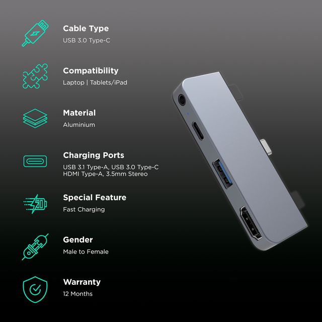 TARGUS HyperDrive HD319E 4-Port USB-C Hub for iPad Pro and iPad Air Models - Space Gray