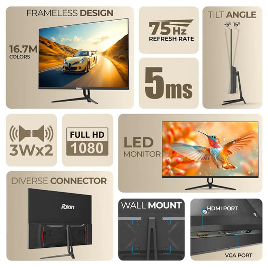 Foxin Elite 32" 75Hz FHD LED Monitor with HDMI VGA & Built‑In Speakers-tpstech.in