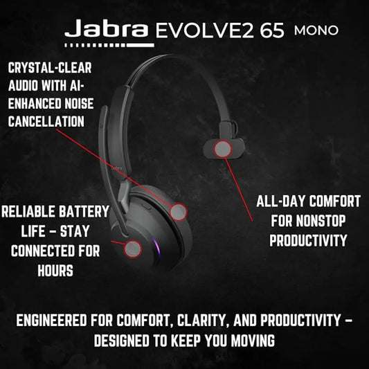 Jabra Evolve2 65 MS Mono Wireless Bluetooth Headset USBāA - Black-tpstech.in