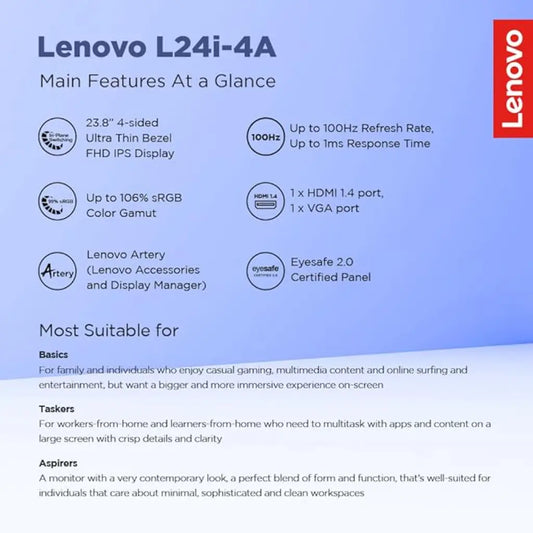Lenovo L24i‑4A 23.8″ 100 Hz 1 ms FHD IPS Monitor Dual 3 W Speakers-tpstech.in