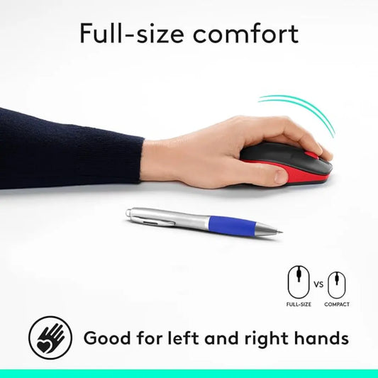 Logitech M190 1000DPI Full Size Curve Design Optical Wireless Mouse - Red-tpstech.in