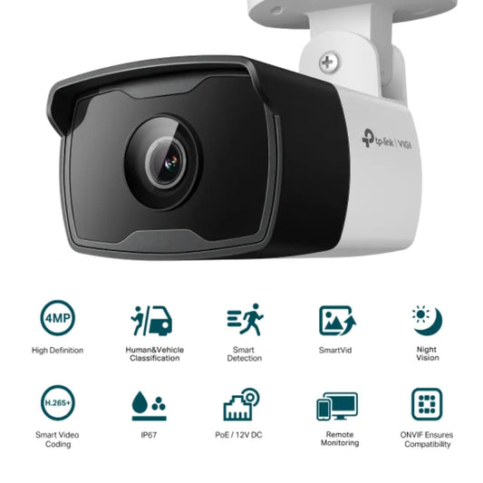 TP-Link VIGI C340I 4MP 4MM Outdoor IR Bullet Network Camera AI Detection IP67 PoE-tpstech.in
