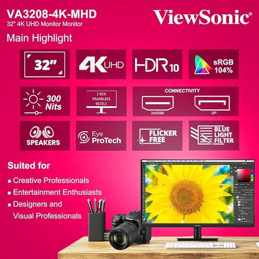 ViewSonic 32″ 4K UHD VA Monitor HDR10 Built‑in Speakers-tpstech.in