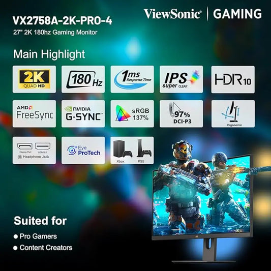 ViewSonic VX2758A‑2K‑PRO‑4 27″ QHD 180 Hz SuperClear® IPS Gaming Monitor-tpstech.in