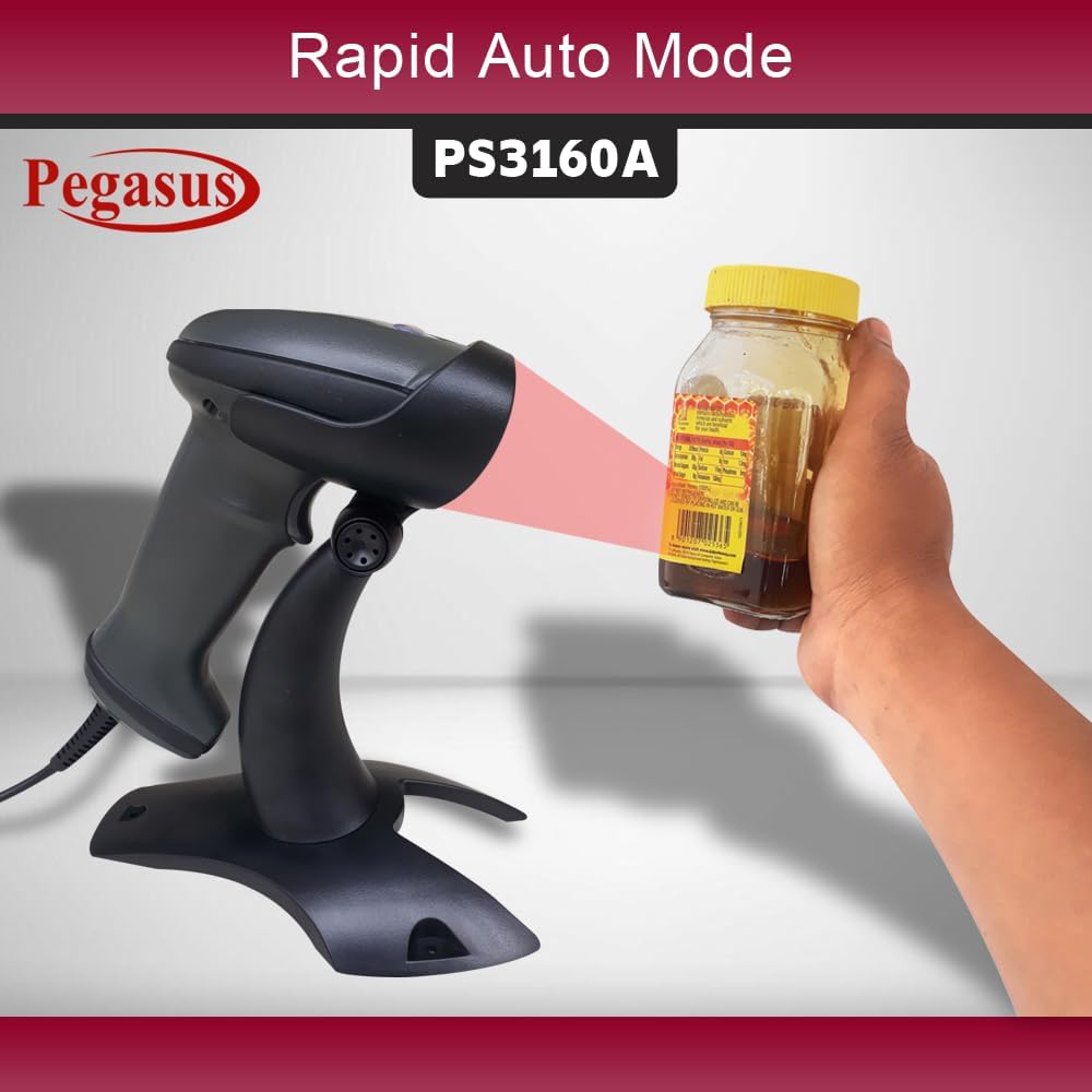 Pegasus PS3160 2D/QR USB Wired Fast Barcode Reader with Stand - Black