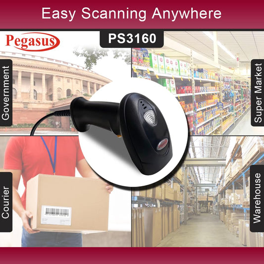 Pegasus PS3160 1D/2D USB Wired Handheld Barcode Scanner - Black