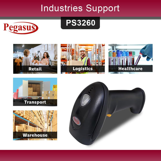 Pegasus PS3260 2D Bluetooth 2.4GHz USB Wireless Barcode Scanner - Black