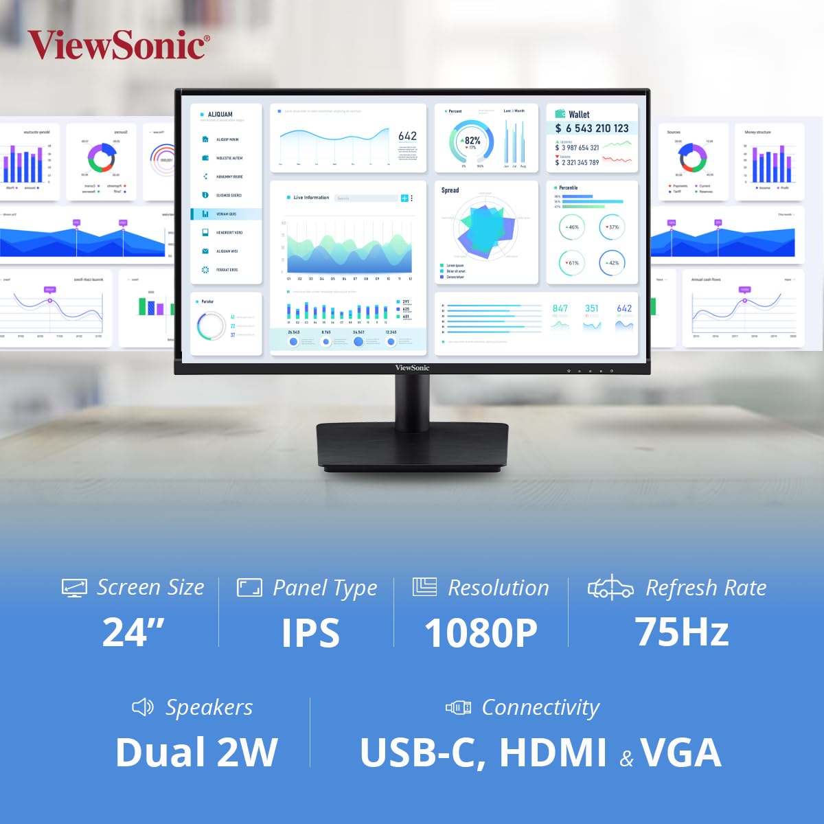 ViewSonic 24 Inch IPS FHD Professional Monitor USB Type-C and 2W Dual Speakers