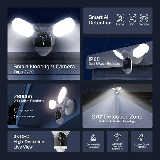 TP-Link Tapo C720 4MP 2K QHD 1440p Smart Floodlight Outdoor Security WiFi Camera - White