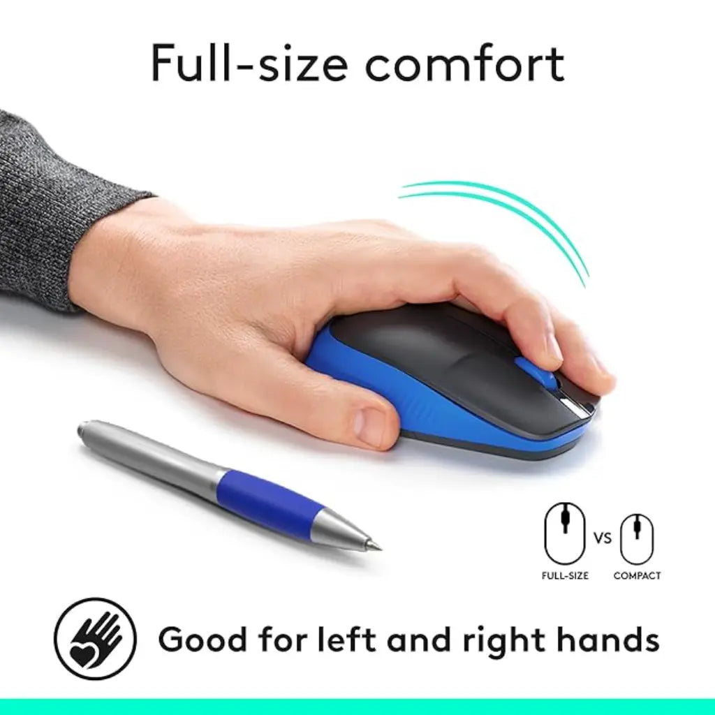 Logitech M190 1000DPI Full Size Curve Design Optical Wireless Mouse - Blue-tpstech.in