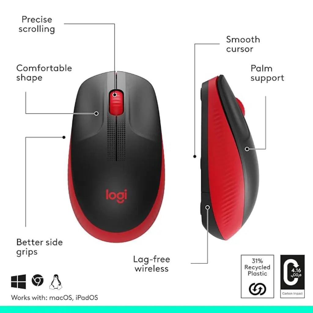 Logitech M190 1000DPI Full Size Curve Design Optical Wireless Mouse - Red-tpstech.in