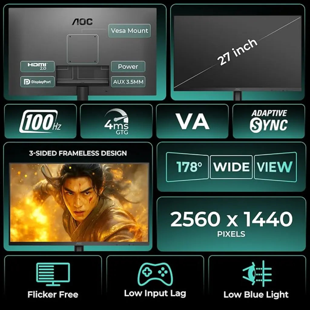 AOC Q27B3M2 27" 100Hz 4ms QHD Monitor with Adaptive Sync-tpstech.in
