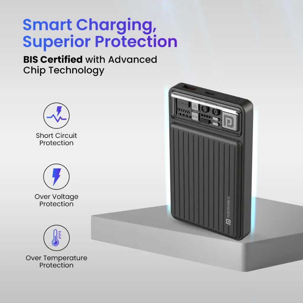 Portronics Luxcell Mini 10K 10000mAh Power Bank 22.5W Fast Charging - Black-tpstech.in