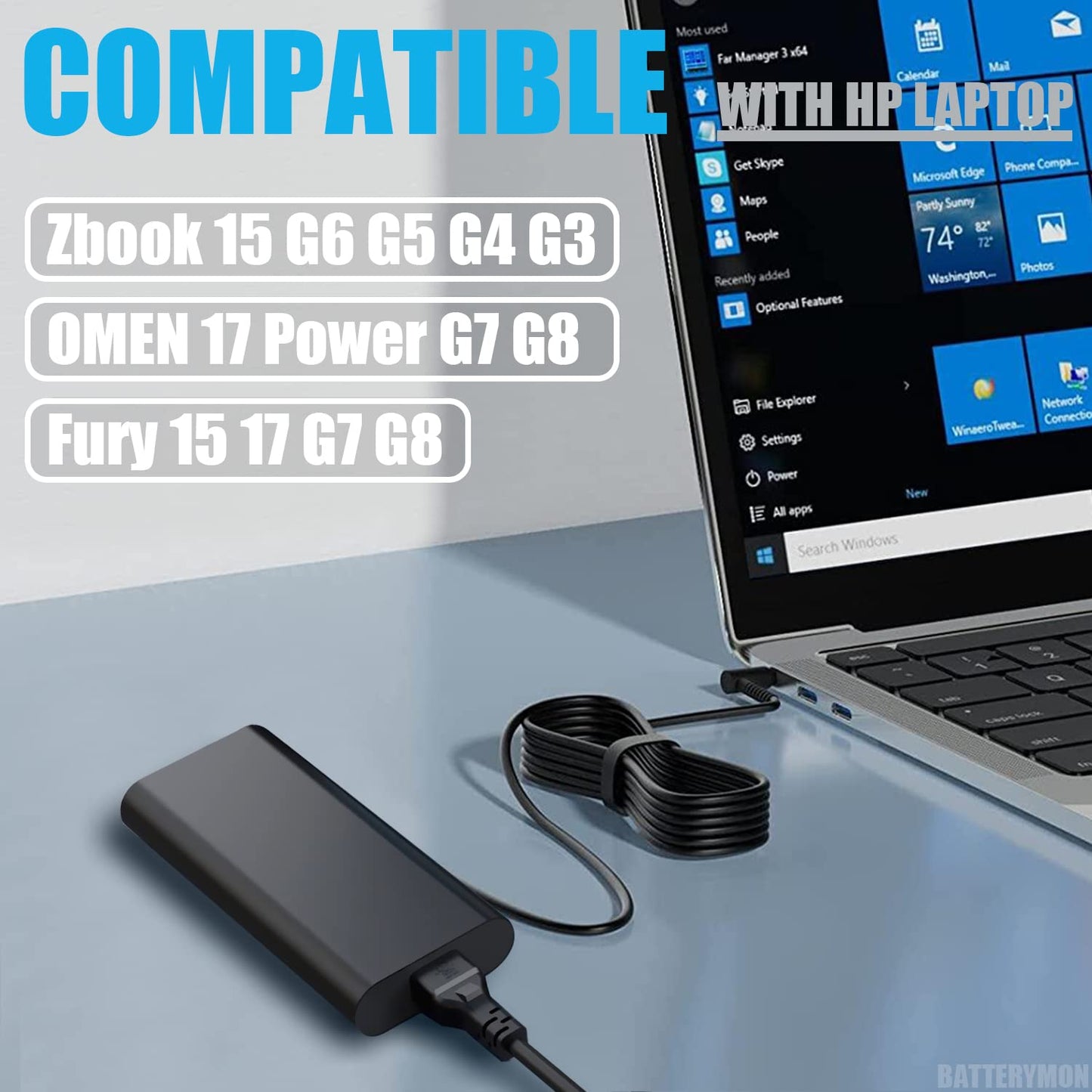 HP Original 150W 19.5V 7.7A 4.5mm Blue Pin Oval Slim AC Adapter for HP Laptops - Black