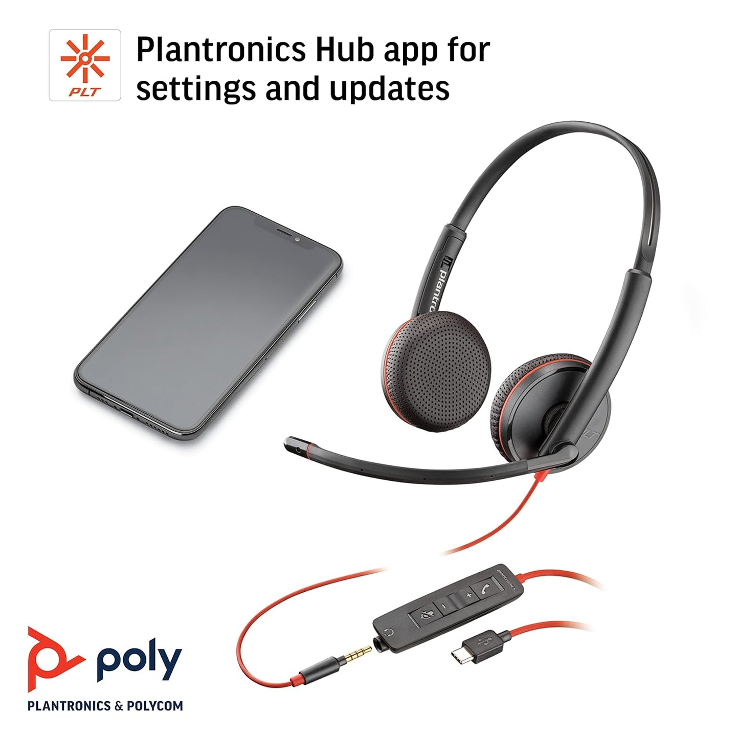 Plantronics Blackwire C3225 USB-C Wired Headphone with Noise Cancelling Boom Microphone