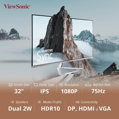 ViewSonic 32 inch FHD HDR10 sRGB 104% IPS 75Hz Wide Slim Bezel Monitor