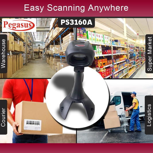 Pegasus PS3160 2D/QR USB Wired Fast Barcode Reader with Stand - Black
