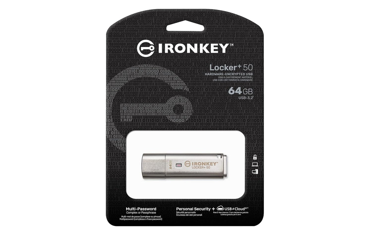 Kingston IronKey Locker+ 50 64GB Encrypted USB 3.2 Flash Drive (IKLP50/64GB)