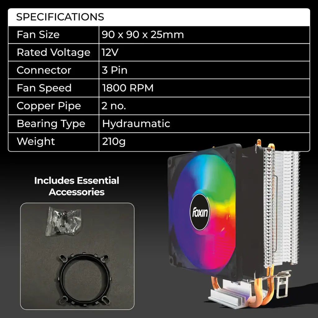 Foxin FCF 003 90mm RGB CPU Cooling Fan 1800 RPM 2 Copper Heat Pipes-tpstech.in