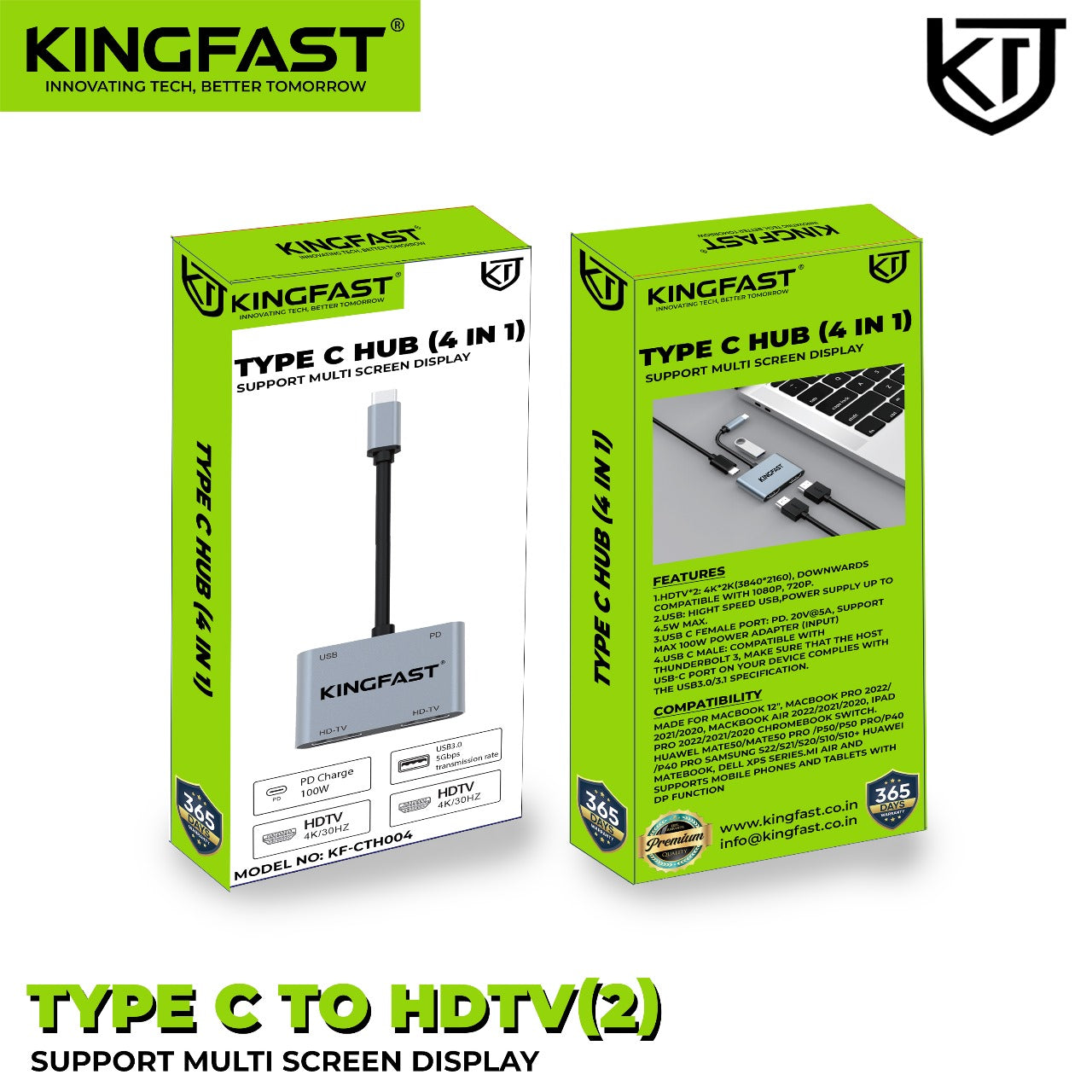 KINGFAST USB-C to Dual HDMI + PD + USB 4K Multiport Hub Adapter for Laptop MacBook & Smartphones
