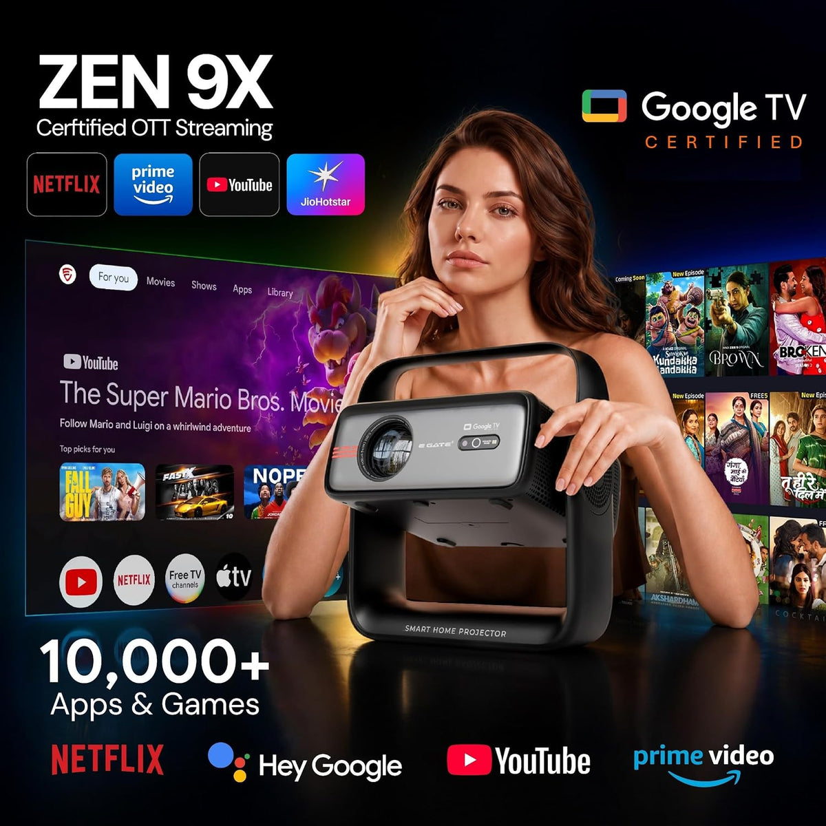 EGATE Zen 9X Google TV Projector Native 1080P 900 ISO Lumens 4K Support Netflix & Prime Video WiFi 6