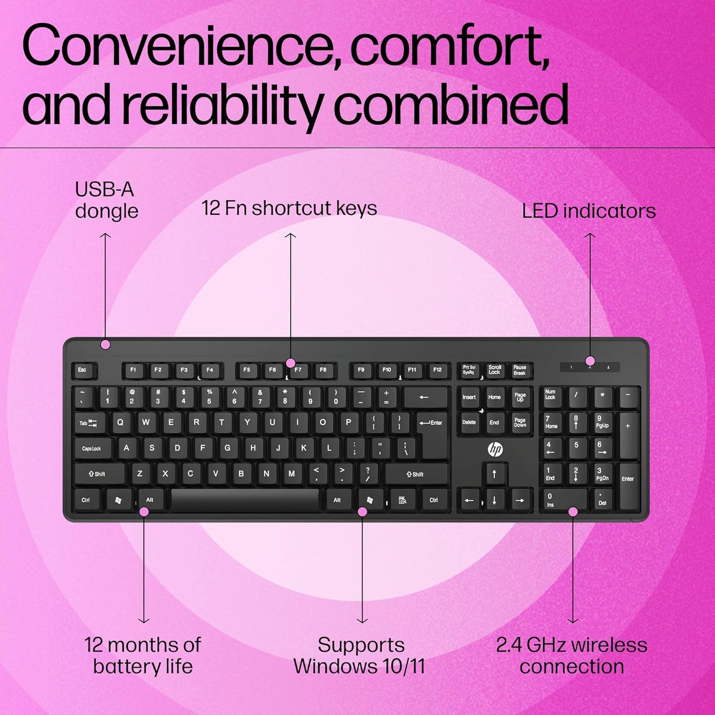 HP K160 2.4GHz Wireless Keyboard with 12 Function Shortcut Keys - Black