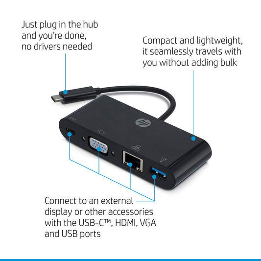 HP USB-C to USB-C VGA USB 3.0 and Gigabit Ethernet Multi Port Hub (5NA85PA)