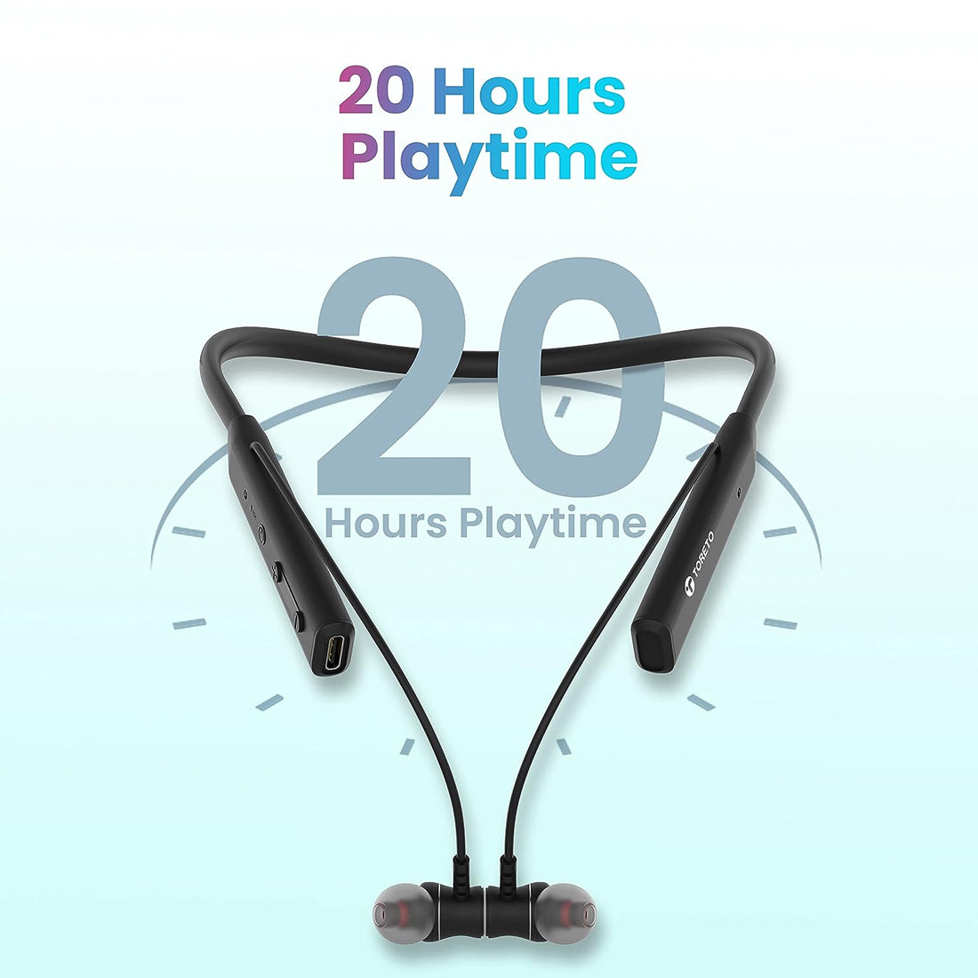 Toreto TOR-300 Beta Lite Wireless Bluetooth 5.0 Neckband Headset with ENC Noise Cancelling Mic Upto 20Hrs Playtime - Black