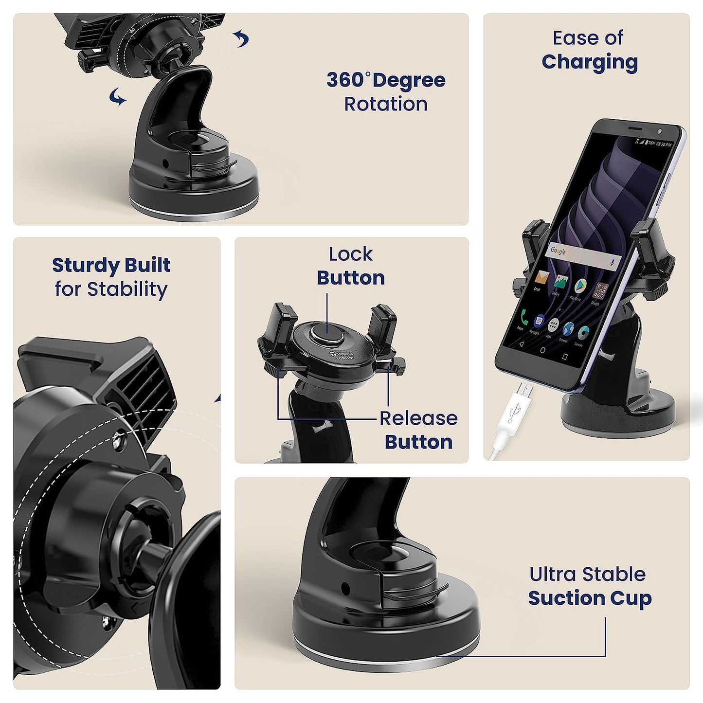 Toreto Grasp 3 Pro Dashboard & Windscreen ONE Touch Mobile Phone Mount