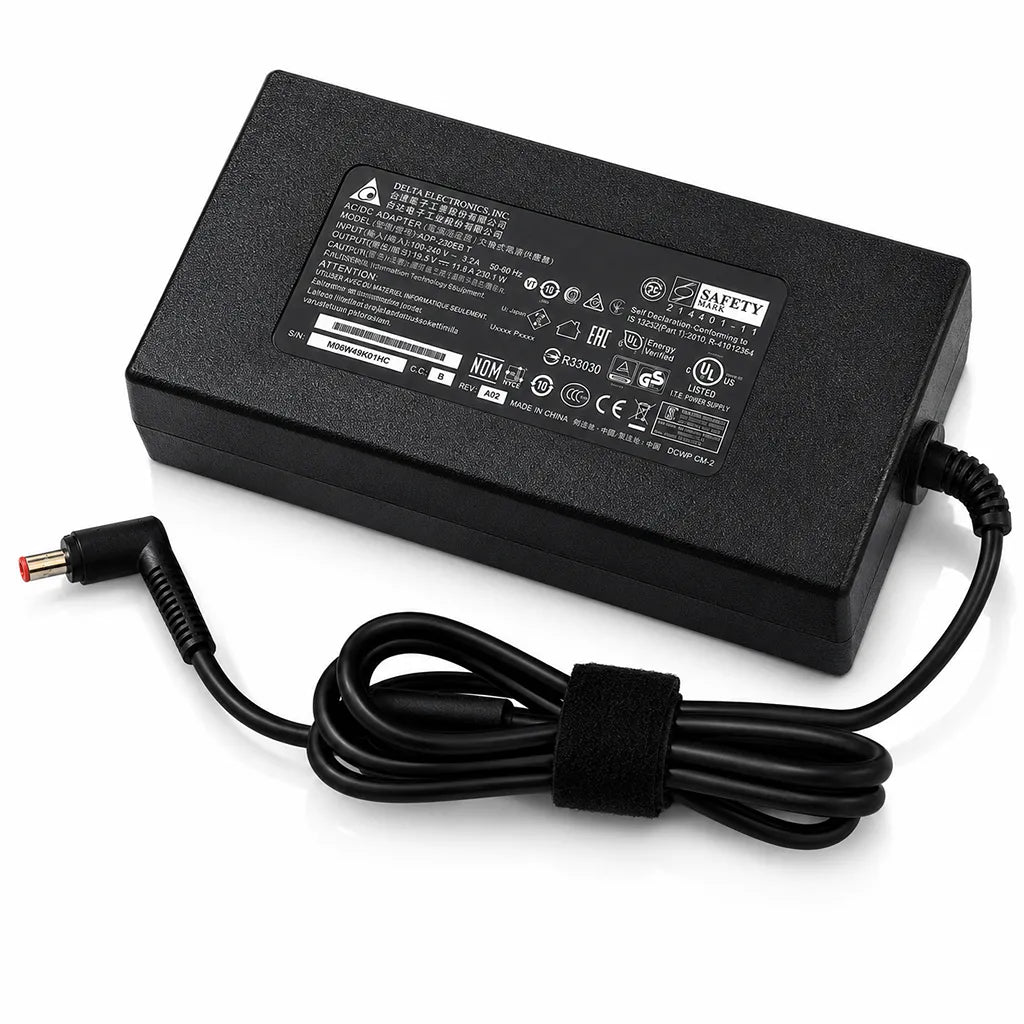 Top right view of ACER OEM 230W 19.5V 11.8A laptop charger adapter with 5.5mm × 1.1mm charging pin and attached power cable on a white background.