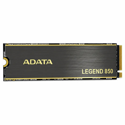 ADATA Legend 850 512GB PCIe Gen4 NVMe M.2 2280 Internal Gaming SSD front view with black heatsink and gold branding on white background.