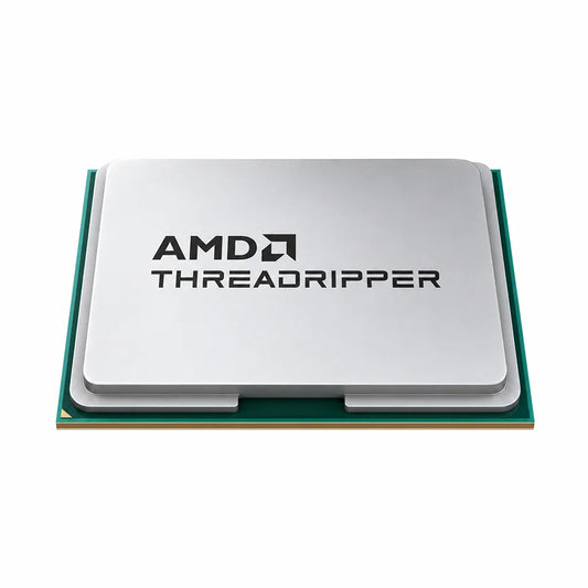 Low front view of AMD Ryzen Threadripper 9980X 64-Core 128-Thread desktop processor OEM tray with silver integrated heat spreader isolated on white background.
