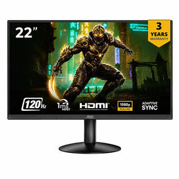 Front view of AOC 22B30HM2 Full HD monitor highlighting 120Hz refresh rate, 1ms MPRT, Adaptive Sync and HDMI connectivity -tpstech.in