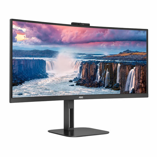 Front left perspective of AOC CU34V5CW/BK WQHD UltraWide curved USB-C monitor with frameless display and ergonomic stand.