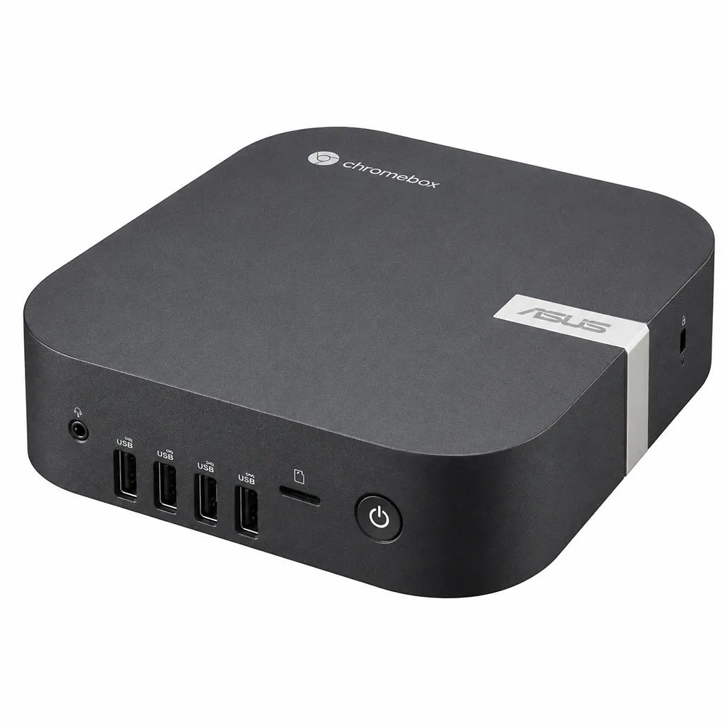 ASUS Chromebox 5A CHROMEBOX5A-S30105UN Intel Core i3-1315U Mini PC with Wi-Fi 6E in front right perspective showcasing its compact desktop design and front connectivity ports.
