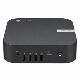 Front view of ASUS Chromebox 5A CHROMEBOX5A-S30105UN Intel Core i3-1315U Mini PC with Wi-Fi 6E featuring four USB ports, SD card reader, headphone jack, and power button.