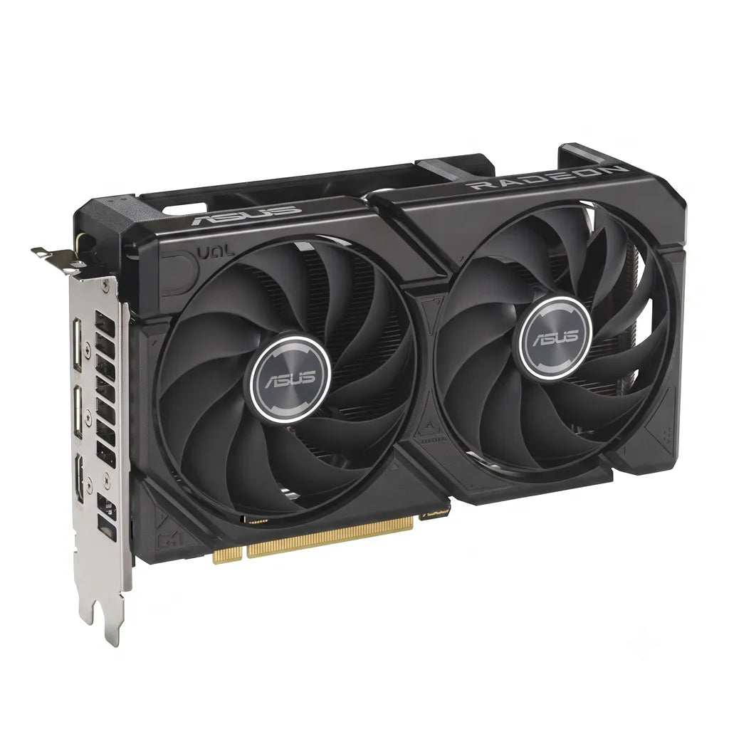 Top right angled view of the ASUS Dual Radeon RX 9060 XT 16GB GDDR6 PCIe 5.0 graphics card showing PCIe interface and cooling design.