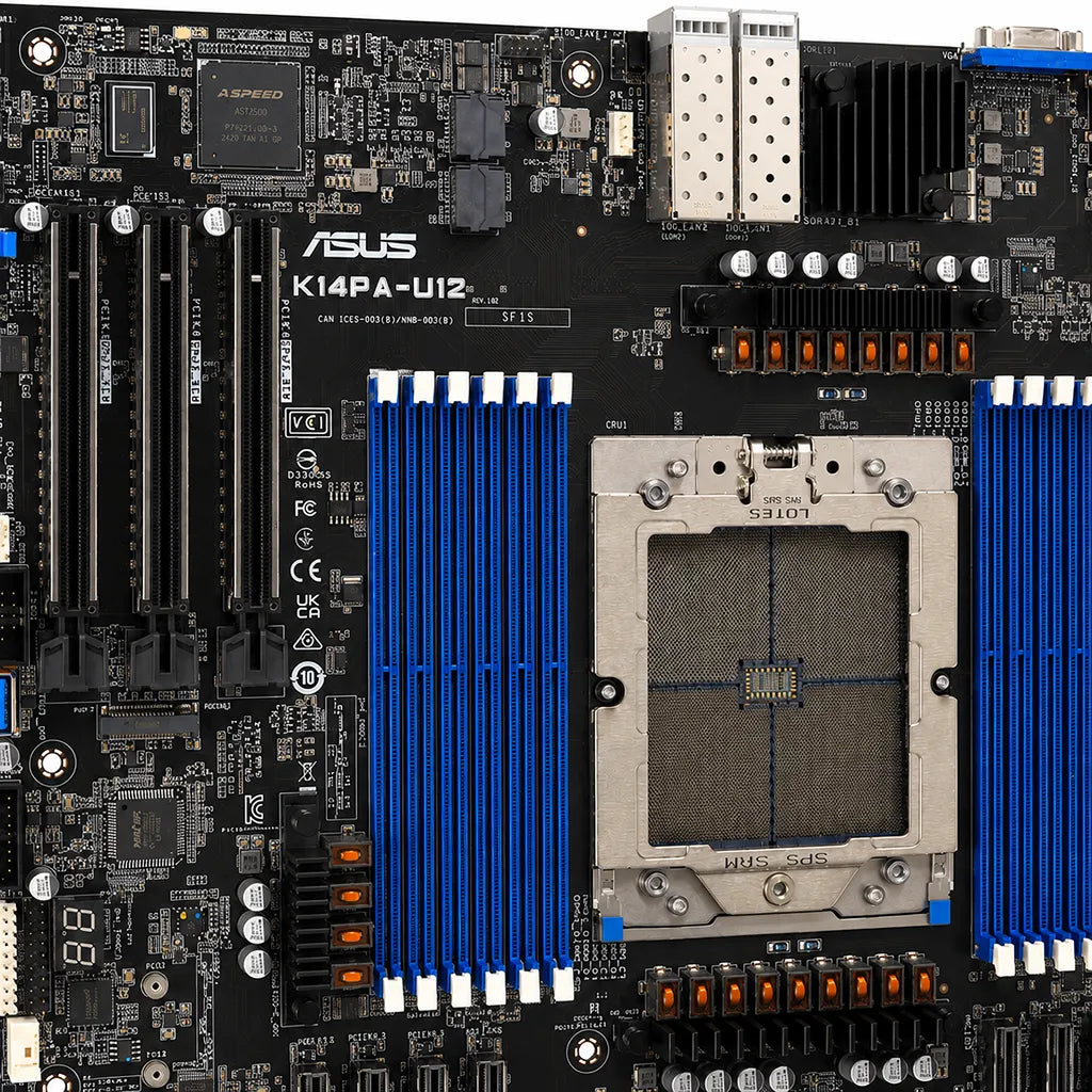 Close-up of the ASUS K14PA-U12/ASMB11 AMD EPYC 9004 Socket SP5 DDR5 CEB Server Motherboard featuring Socket SP5, DDR5 memory slots, PCIe expansion slots, and onboard networking components.