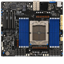 Top view of the ASUS K14PA-U12/ASMB11 AMD EPYC 9004 Socket SP5 DDR5 CEB Server Motherboard showing Socket SP5, DDR5 memory slots, PCIe slots, dual SFP ports, and server-grade layout.