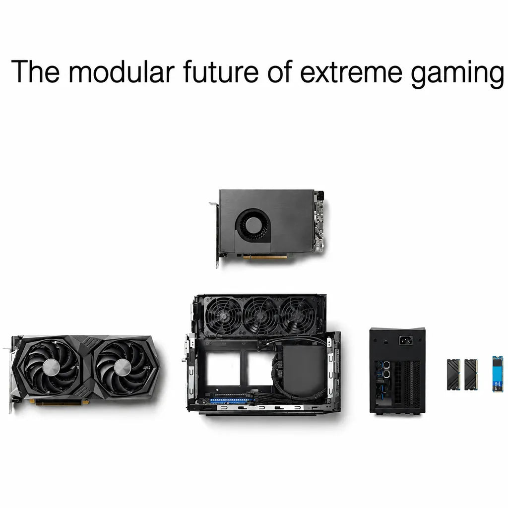 Exploded view of ASUS NUC 11 Extreme Kit highlighting modular chassis, graphics card compatibility, cooling system and internal components.