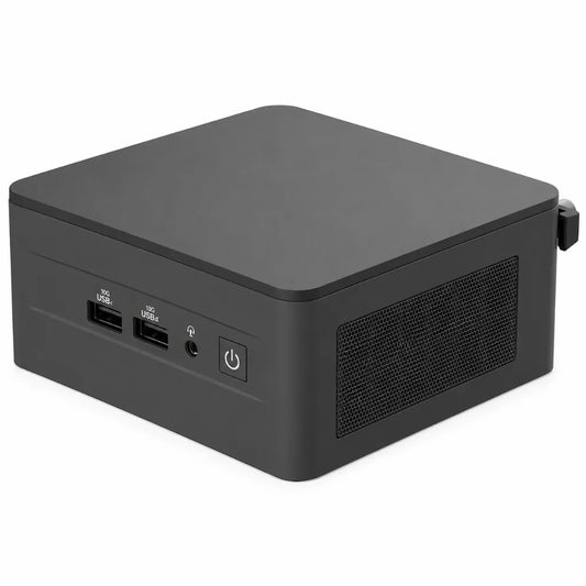 ASUS NUC 13 Pro NUC13ANHi7 front left angle showing dual USB ports, headset jack and power button.