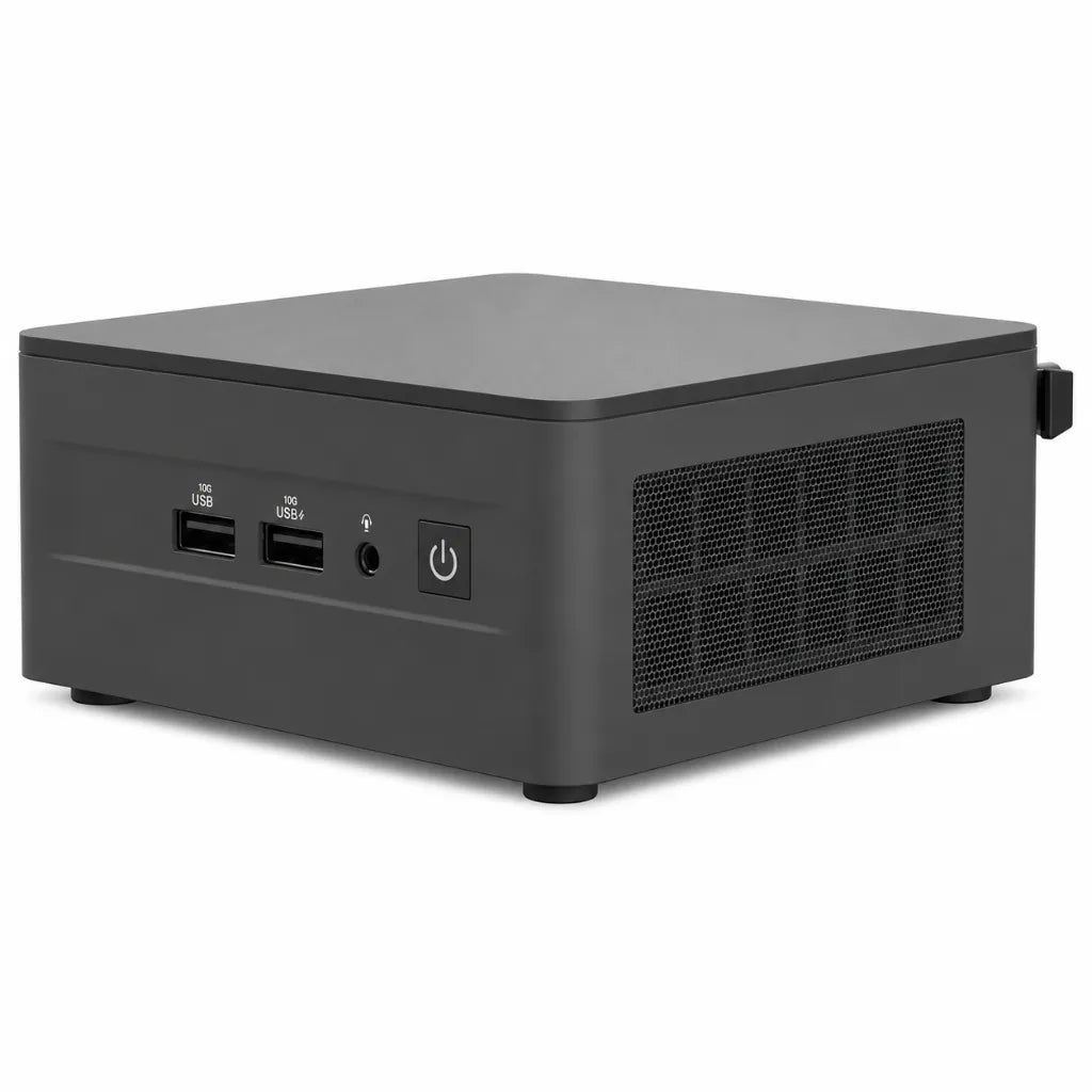 ASUS NUC 13 Pro NUC13ANHi7 rear left angle displaying Thunderbolt 4, HDMI, USB and 2.5Gb Ethernet ports.
