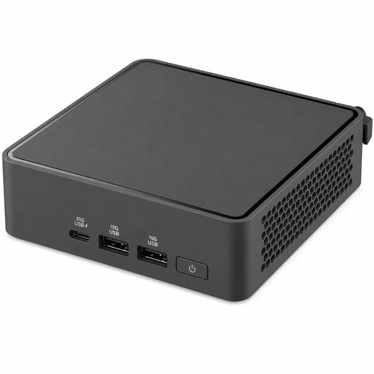 Front angled view of ASUS NUC 15 Pro Slim Kit NUC15CRKU5 showing USB ports and power button.