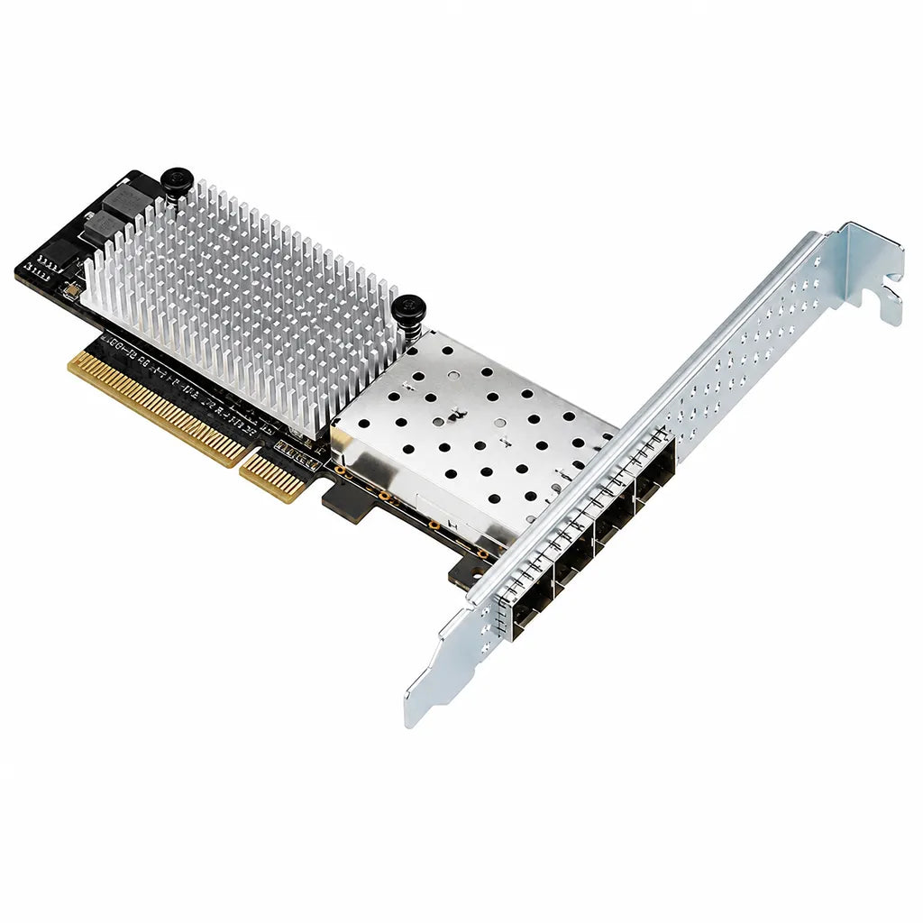 Opposite rear angle of ASUS PEB-10G/57840-2S PCI-E 3.0 dual-port 10GbE SFP+ network adapter showing PCIe interface, heatsink, and dual SFP+ ports.