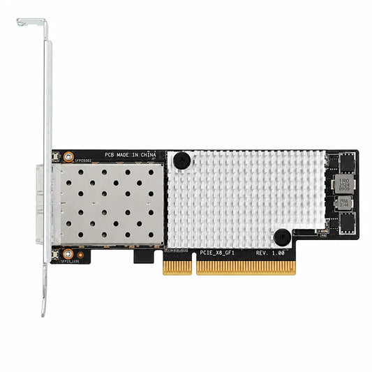 Side view of ASUS PEB-10G/57840-2S PCI-E 3.0 dual-port 10GbE SFP+ network adapter showing heatsink, SFP+ cage, and PCIe connector.