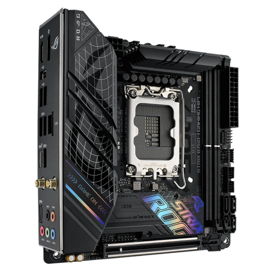 ASUS ROG STRIX B760-I GAMING WIFI D5 Mini-ITX motherboard front angled view with premium VRM heatsinks, Intel LGA1700 socket and PCIe Gen5 expansion slot.