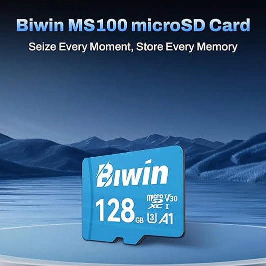Biwin MS100 128GB MicroSD Card A1 Performance UHS-I C10/U1/V10 memory card with promotional mountain background.